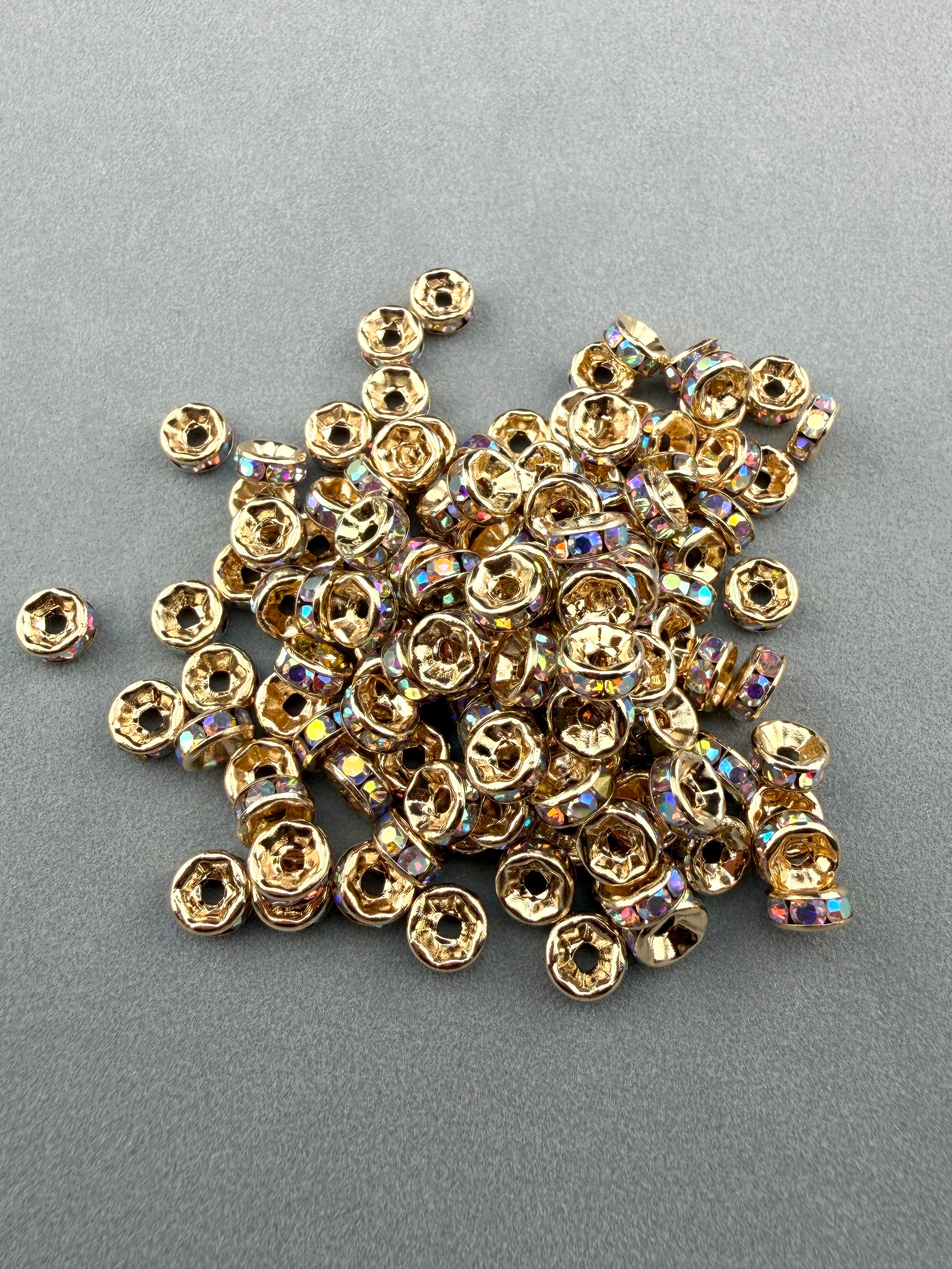 Brass Rhinestone Rondelle Spacers Light Gold with AB Crystal