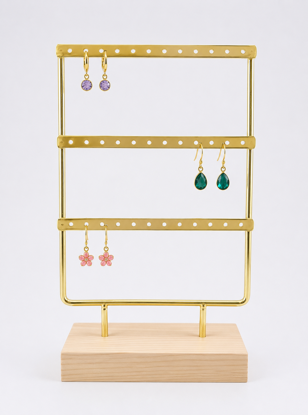 Gold Metal Earring Display Stand with Wooden Base