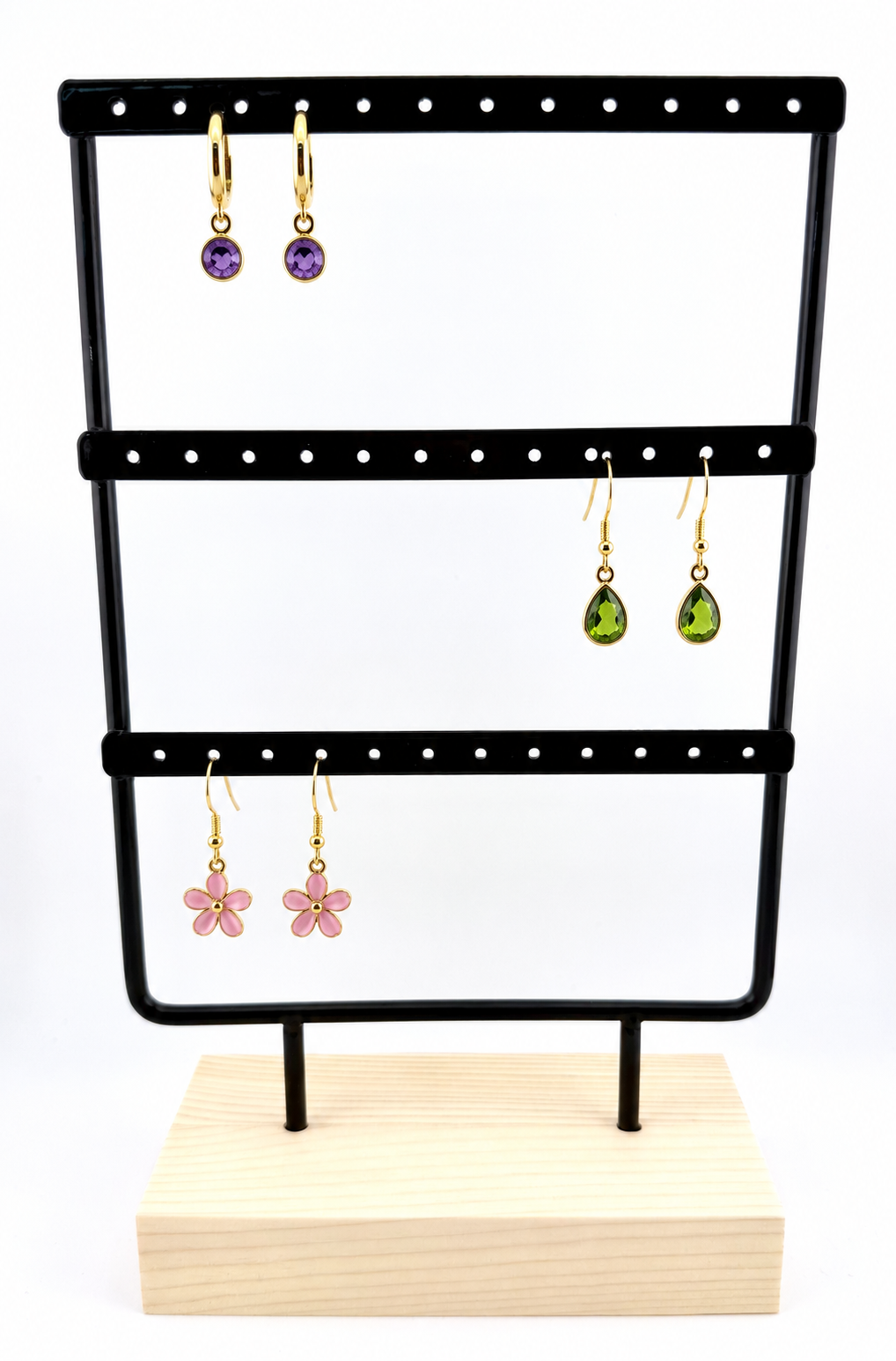 Black Metal Earring Display Stand with Wooden Base