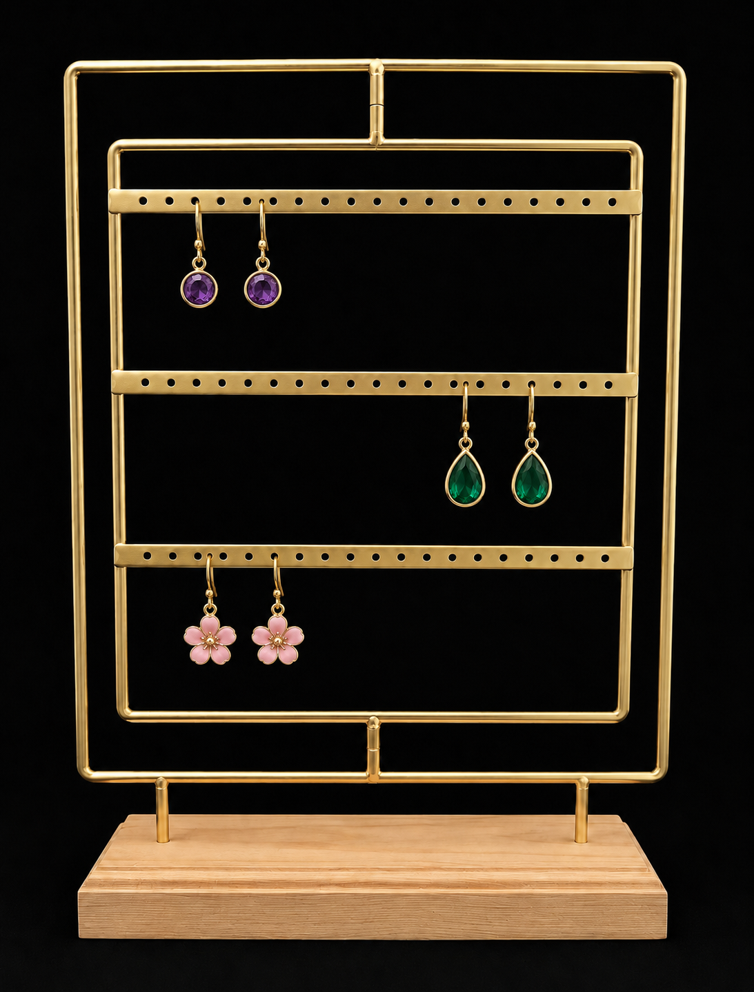 Gold Metal Earring Display Stand with Wooden Base