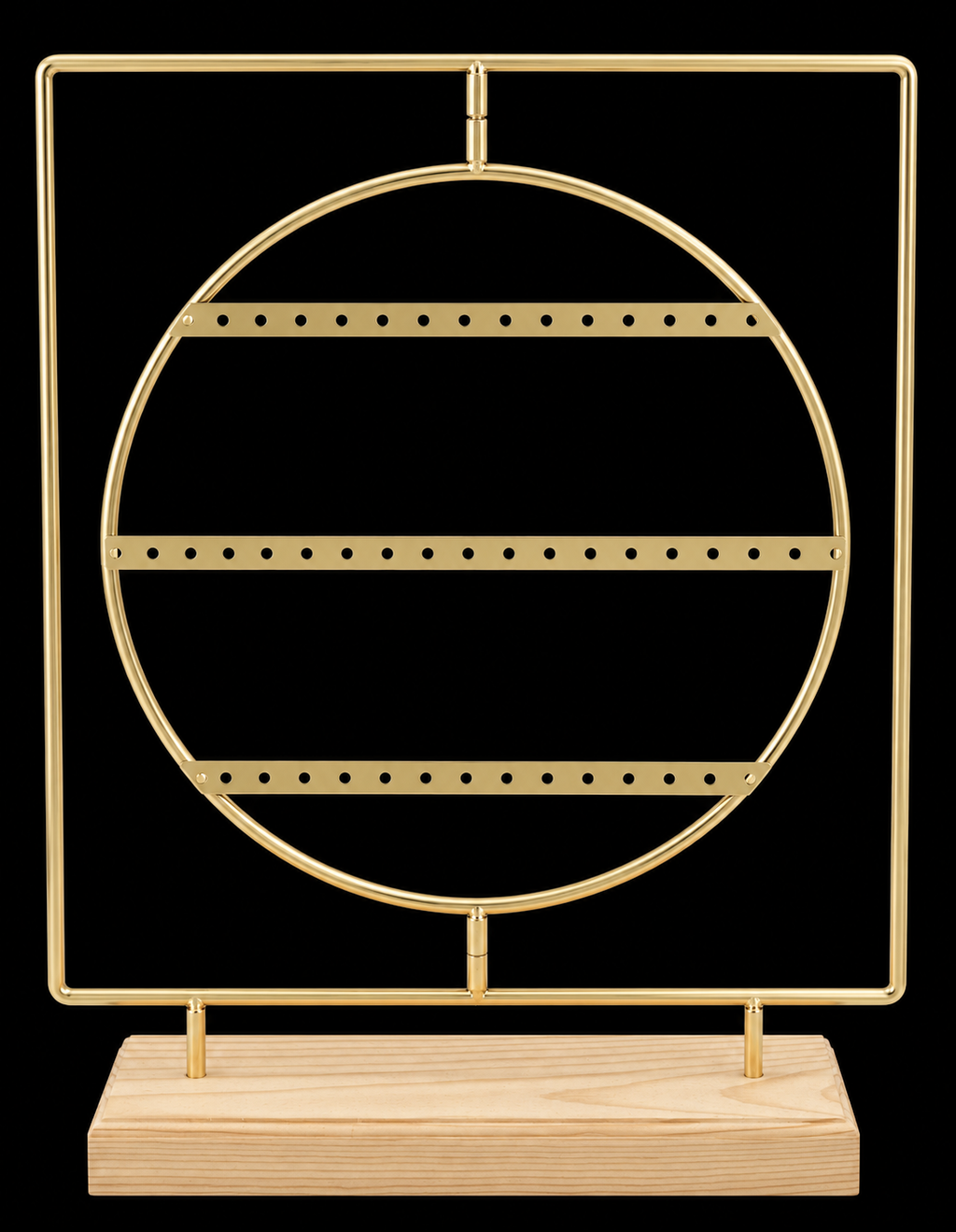 Gold Metal Round Earring Display Stand with Wooden Base