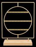 Gold Metal Round Earring Display Stand with Wooden Base