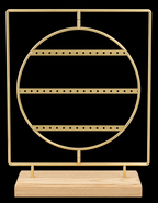 Gold Metal Round Earring Display Stand with Wooden Base