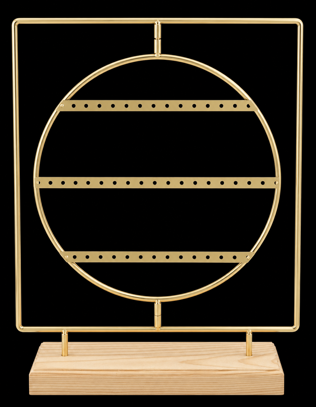Gold Metal Round Earring Display Stand with Wooden Base