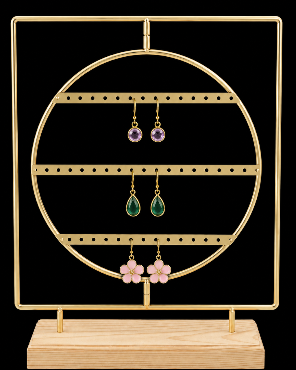Gold Metal Round Earring Display Stand with Wooden Base