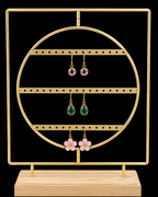 Gold Metal Round Earring Display Stand with Wooden Base