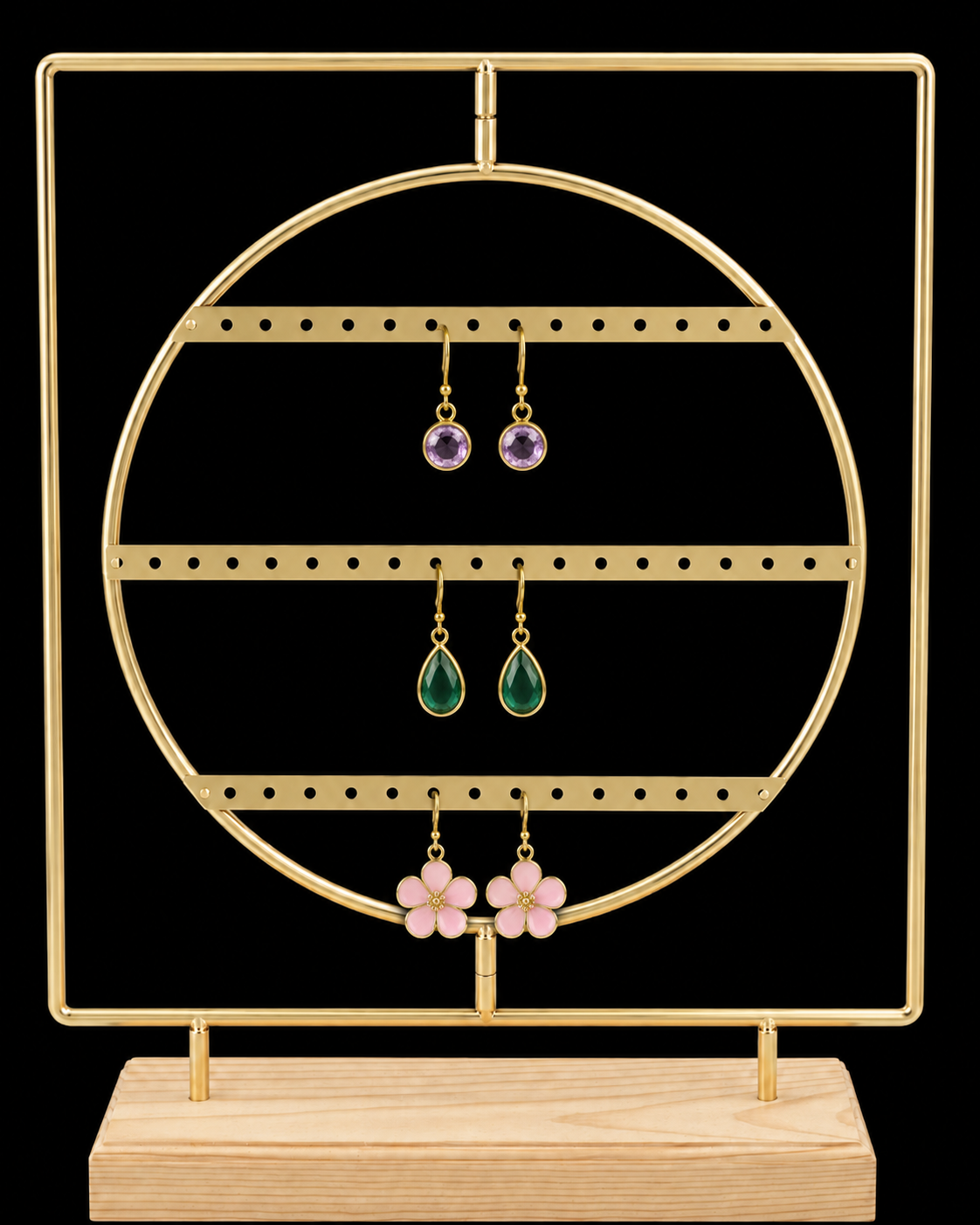 Gold Metal Round Earring Display Stand with Wooden Base