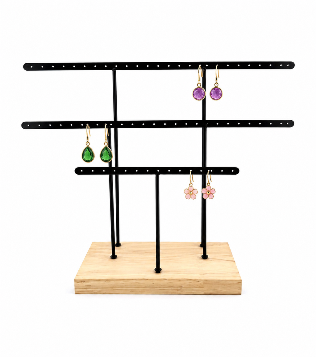 Black Metal Earring Display Stand with Wooden Base
