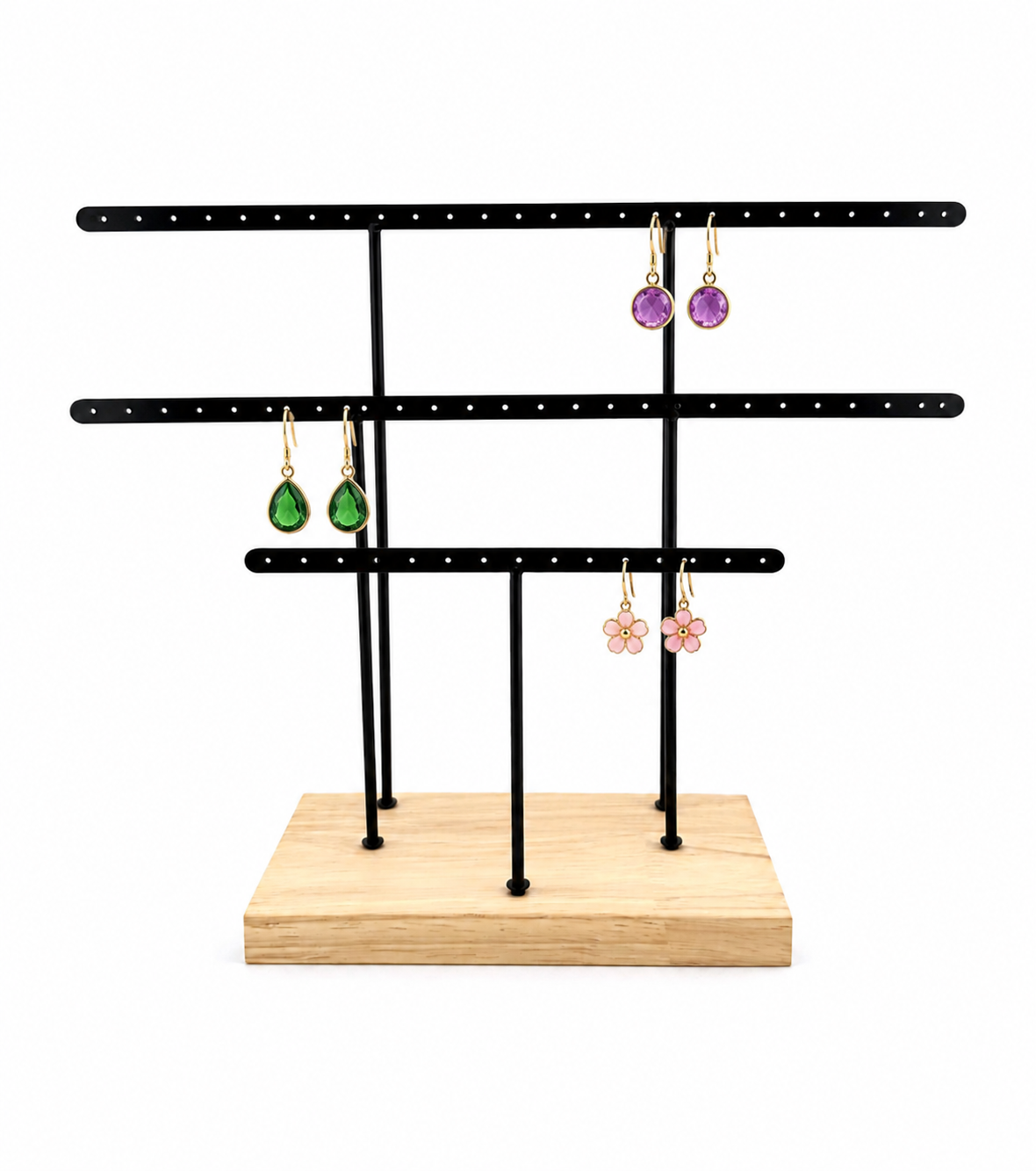 Black Metal Earring Display Stand with Wooden Base