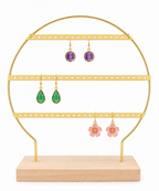Gold Round Earring Display Stand with Wooden Base