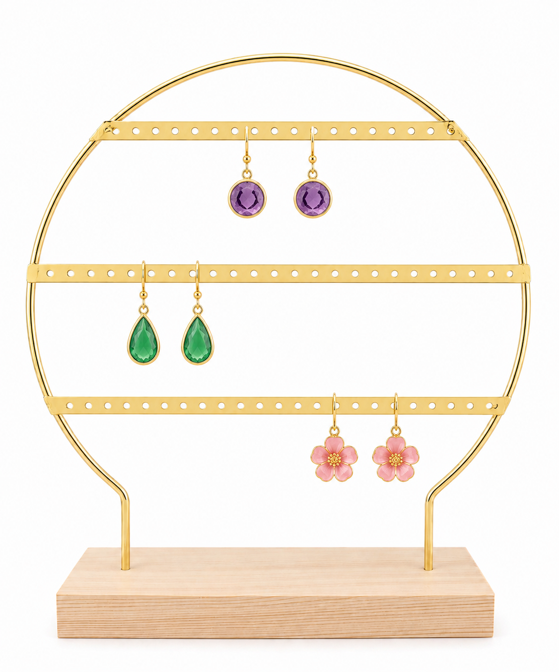 Gold Round Earring Display Stand with Wooden Base
