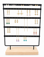 Black Metal Earring Display Stand with Wooden Base