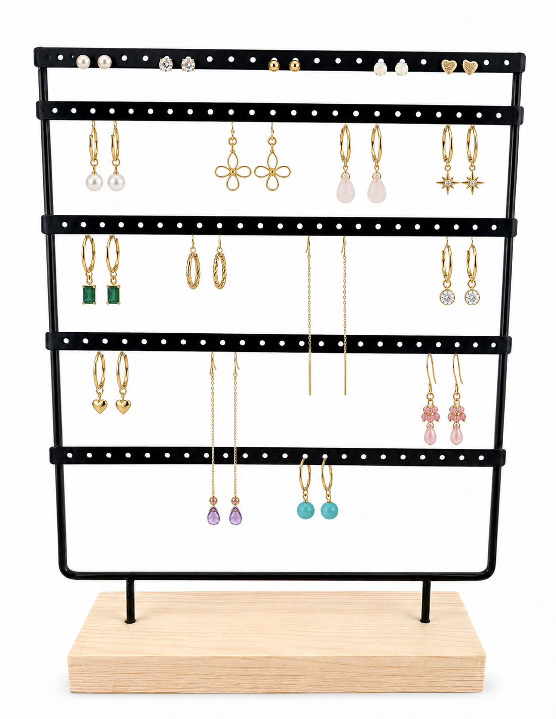 Black Metal Earring Display Stand with Wooden Base