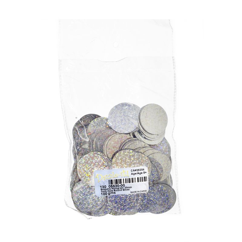 Sequins Hologram 30mm - 1mm Hole Round SILVER