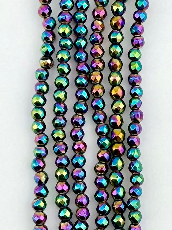 3mm Rainbow Faceted Round Hematite Beads