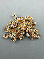 Brass Rhinestone Rondelle Square Spacers Light Gold With AB Crystal