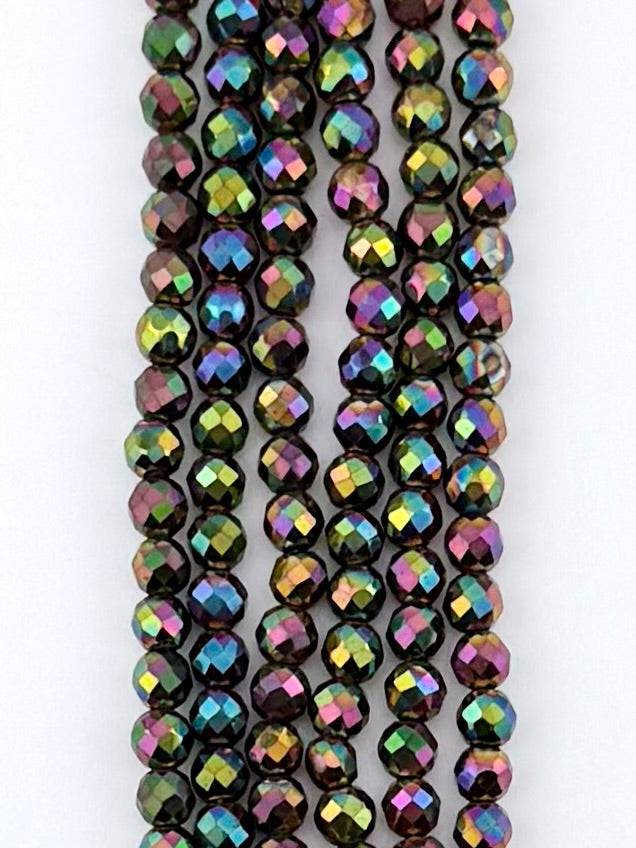4mm Rainbow Faceted Round Hematite Beads
