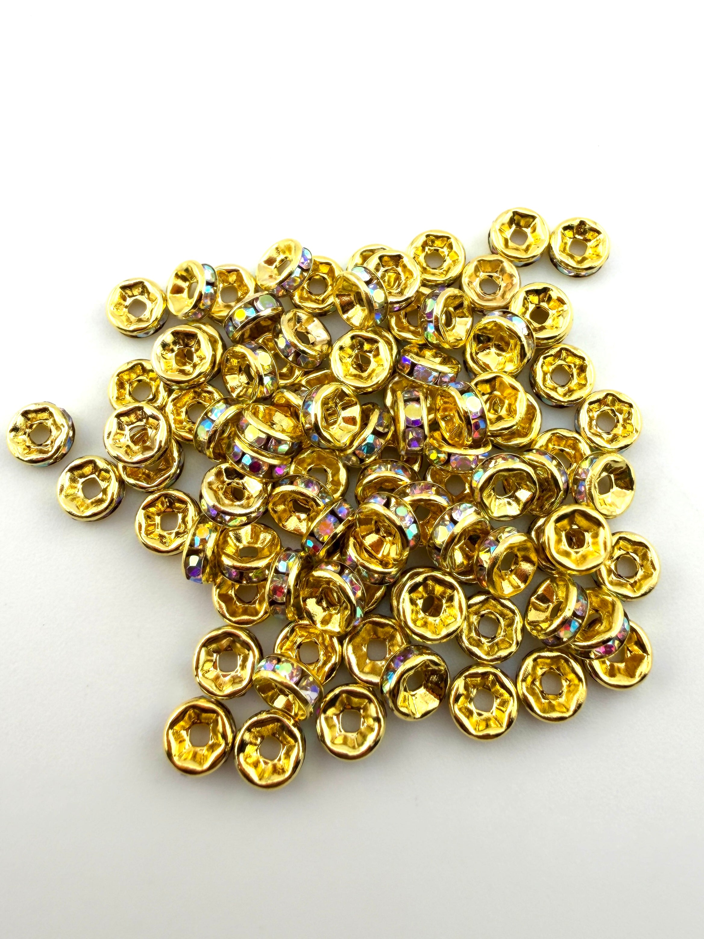 Brass Rhinestone Rondelle Spacers Yellow Gold with AB Crystal