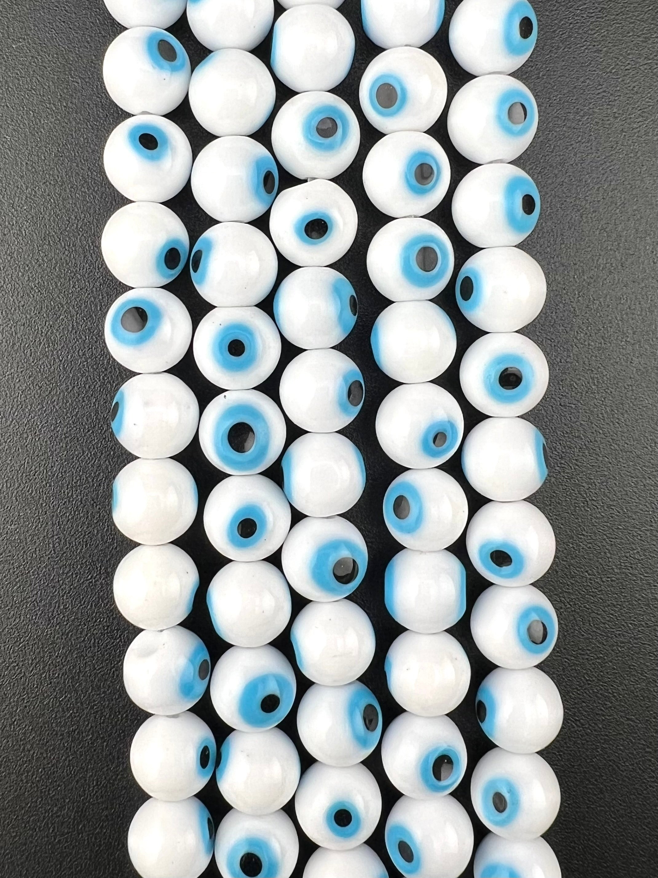 10mm Glass Evil Eye Round Beads White