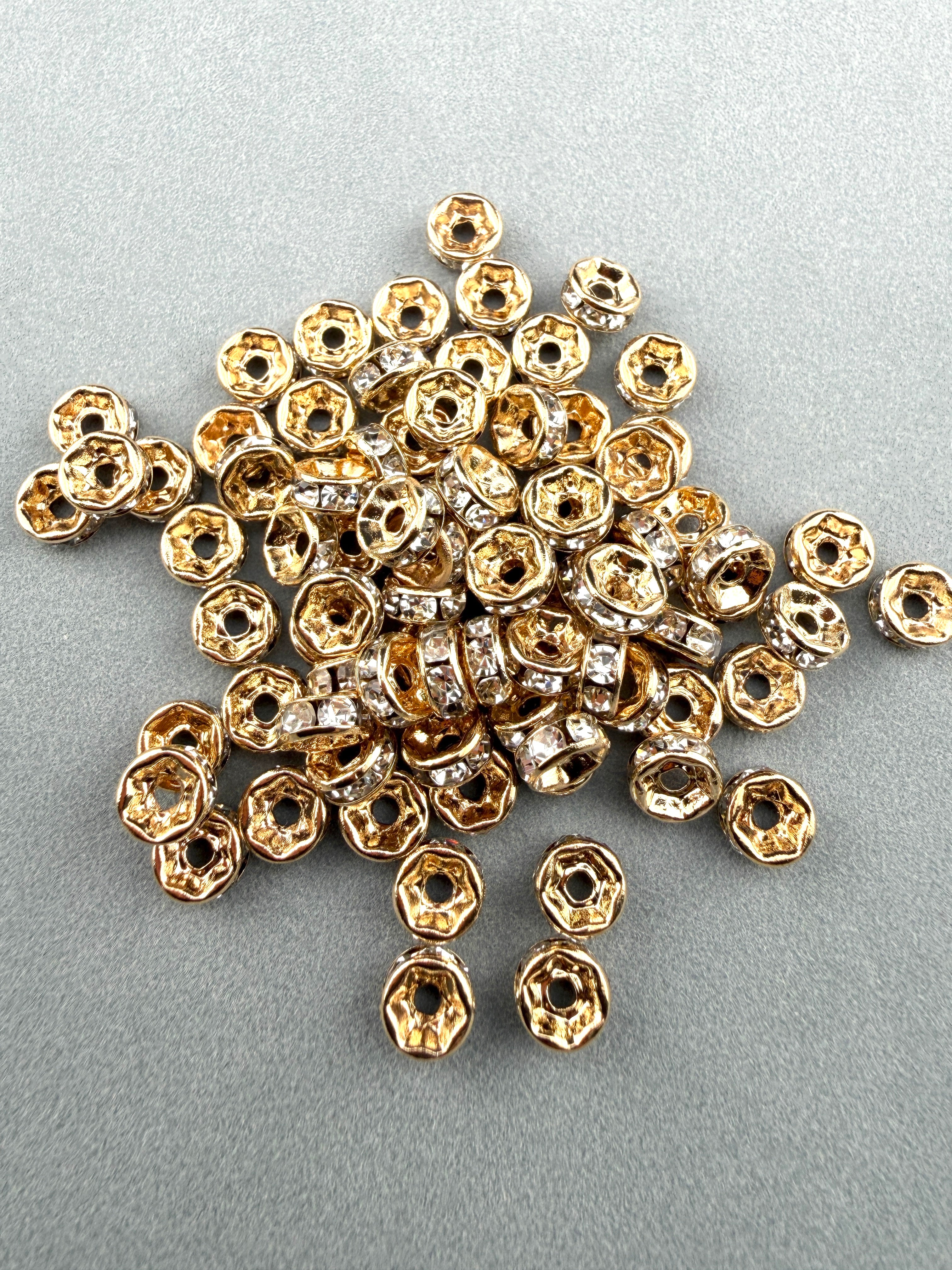 Brass Rhinestone Rondelle Spacers Light Gold with Clear Crystal