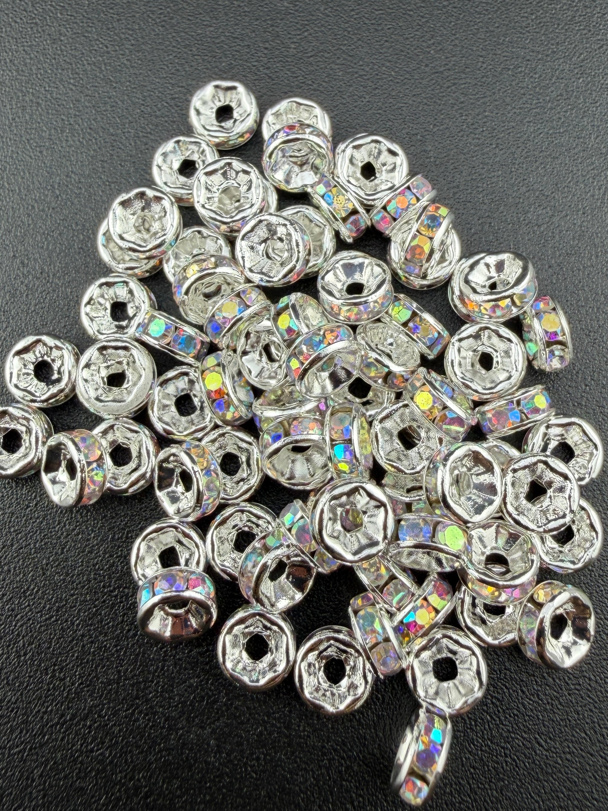 Brass Rhinestone Rondelle Spacers Silver with AB crystal