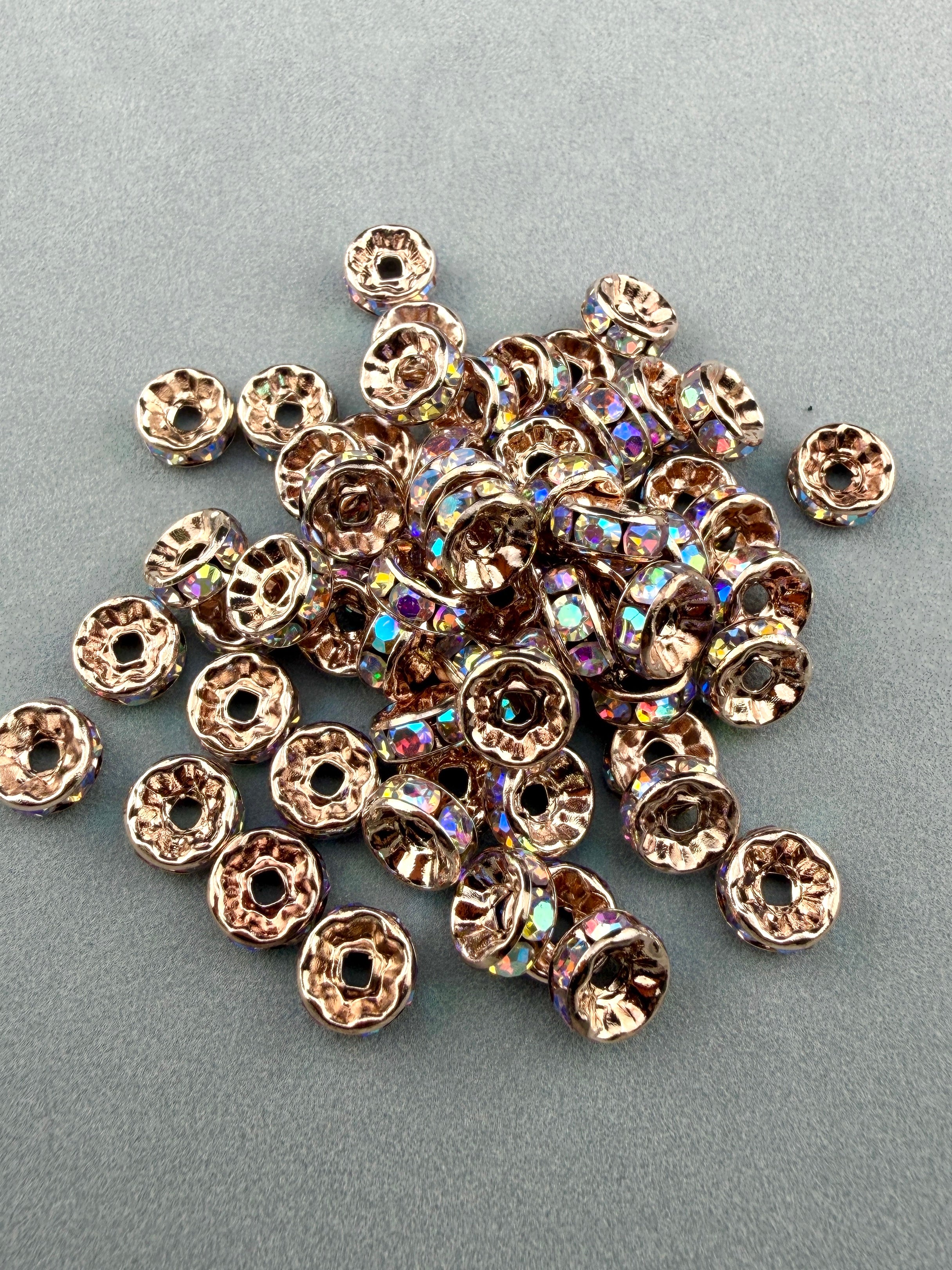 Brass Rhinestone Rondelle Spacers Rose Gold with AB Crystal