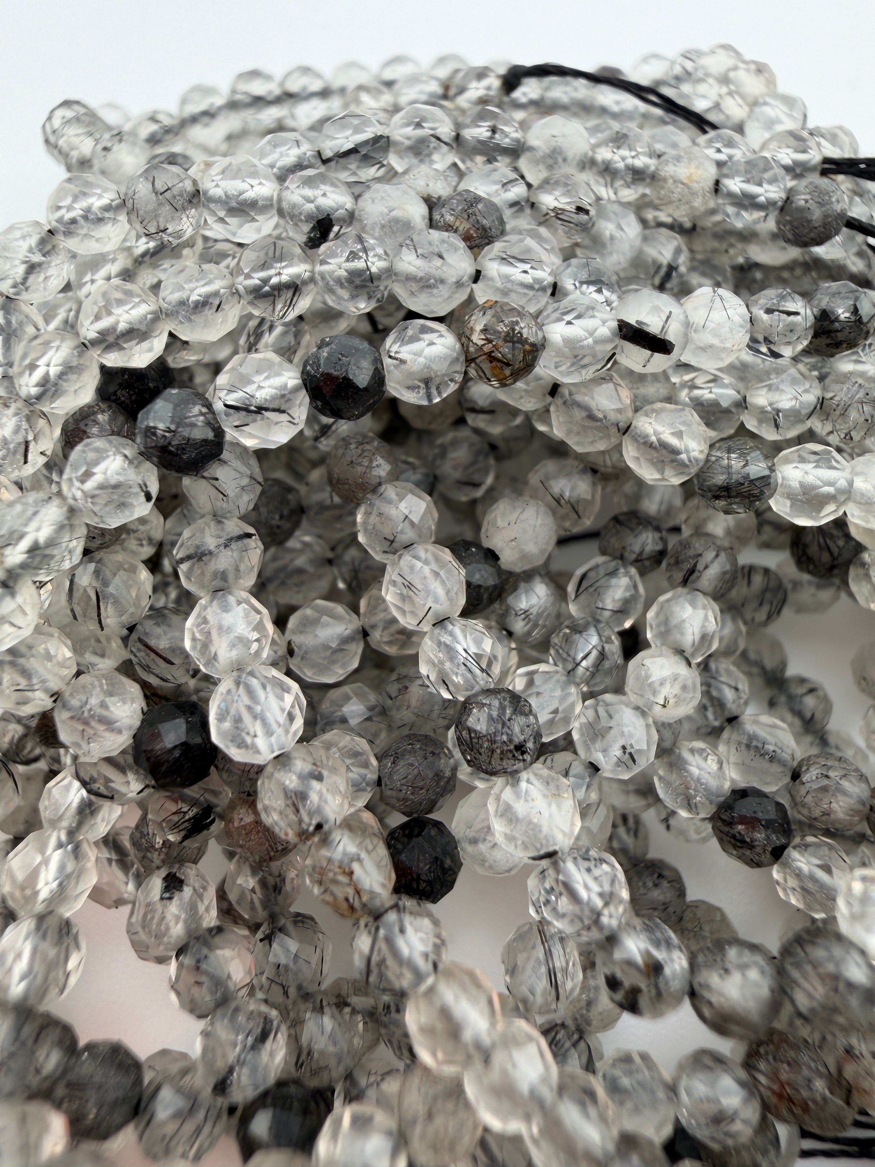 3.5mm Faceted Tourmilated Quartz Beads