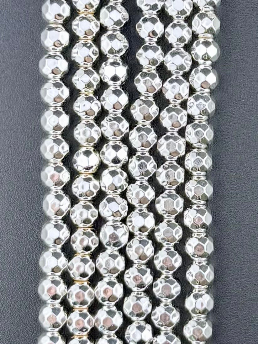 6mm Silver-Faceted Round Hematite Beads