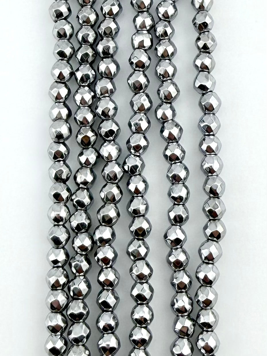 3mm Rhodium Faceted Round Hematite Beads