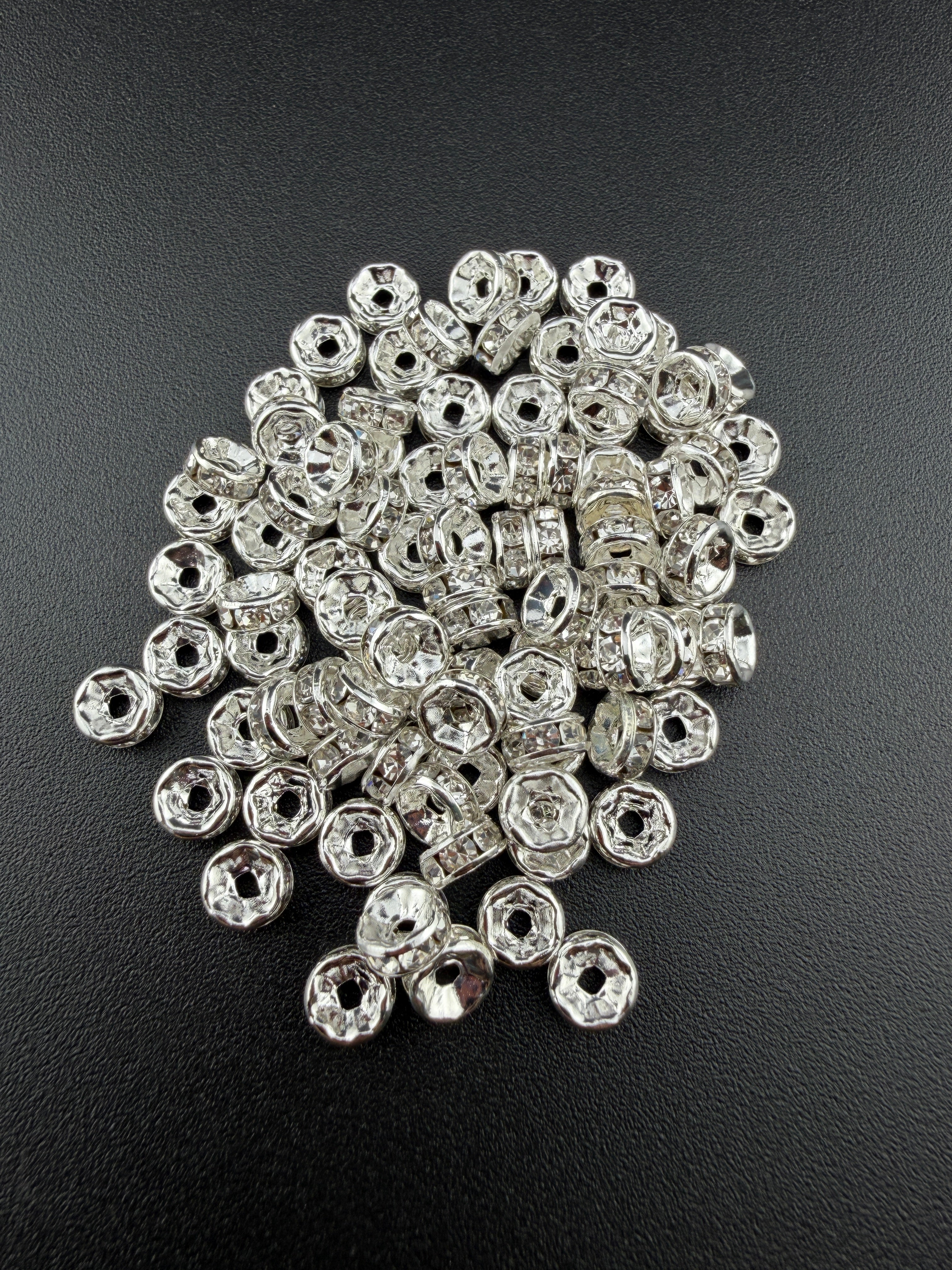 Brass Rhinestone Rondelle Spacers Silver with Clear Crystal