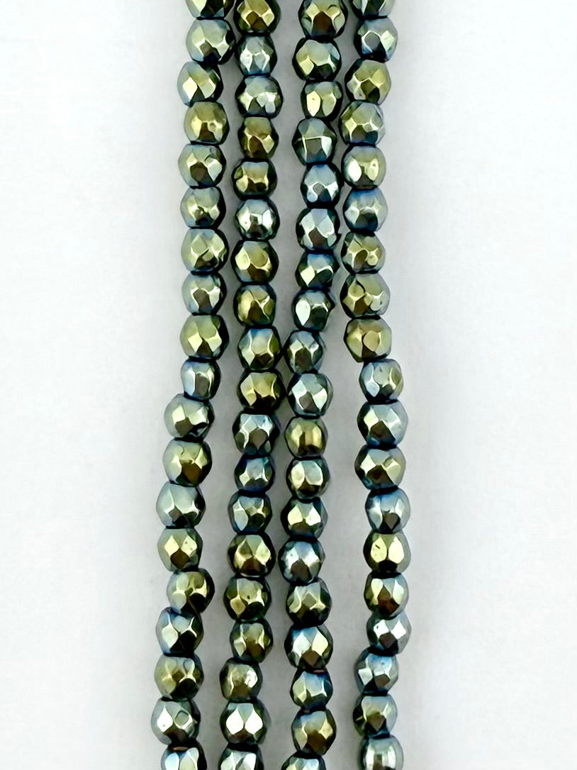 2mm Green-Blue Faceted Round Hematite Beads