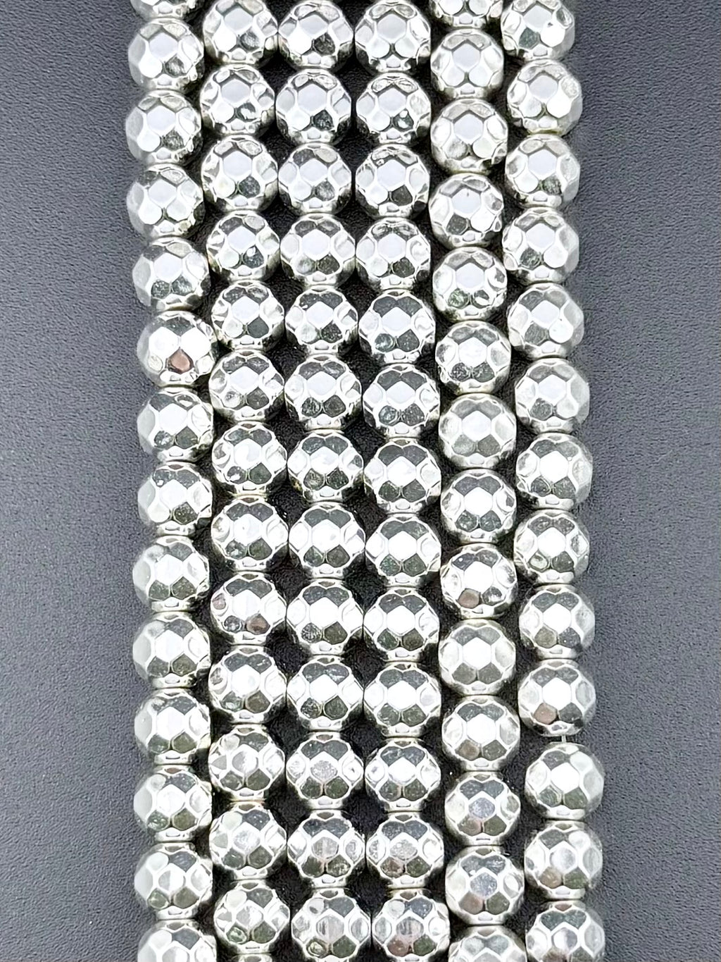 8mm Silver Faceted Round Hematite Beads