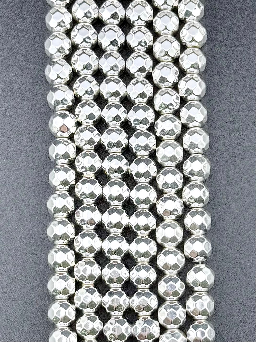 8mm Silver Faceted Round Hematite Beads