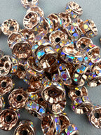 Brass Rhinestone Rondelle Spacers Rose Gold with AB Crystal