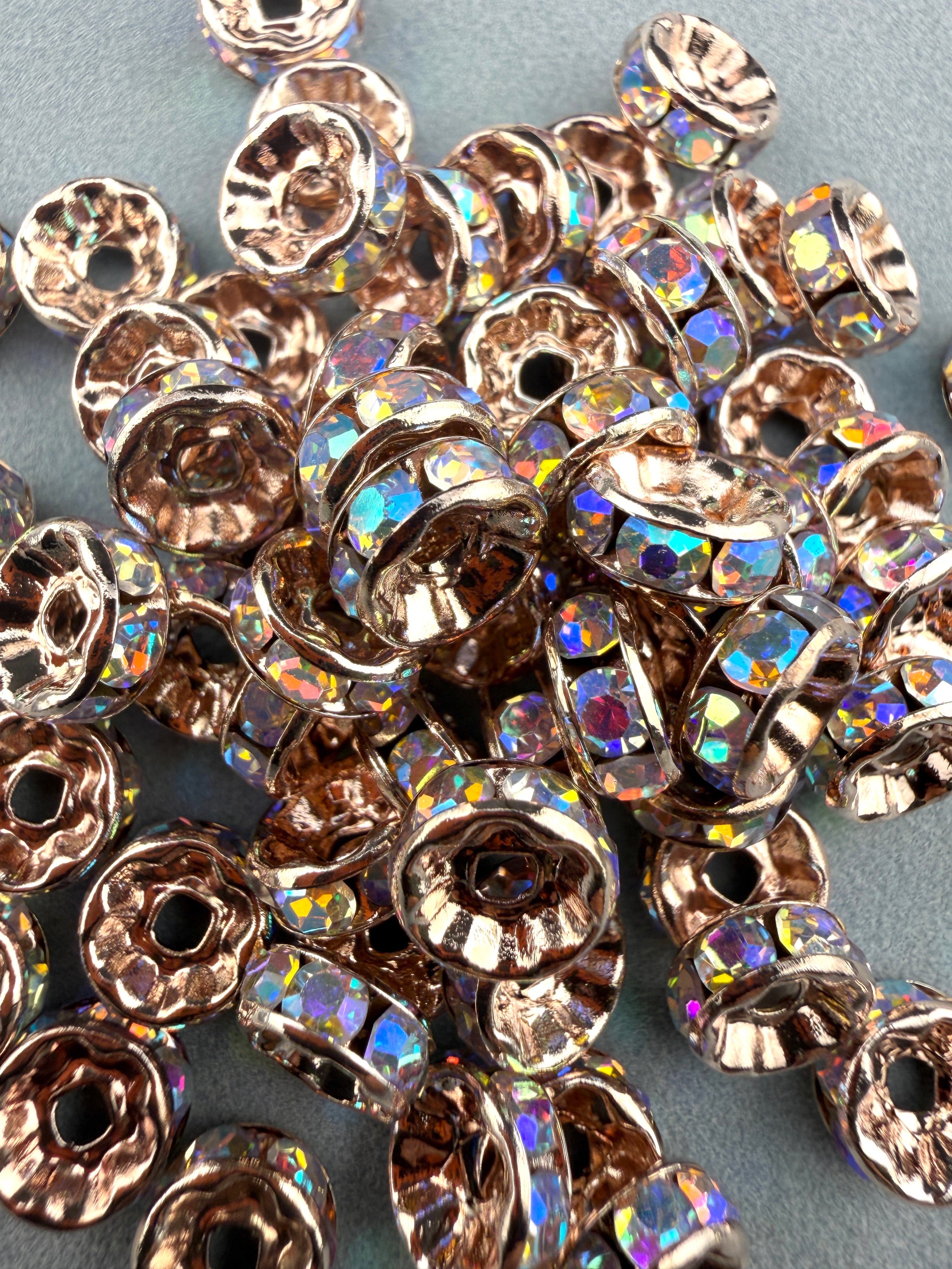 Brass Rhinestone Rondelle Spacers Rose Gold with AB Crystal