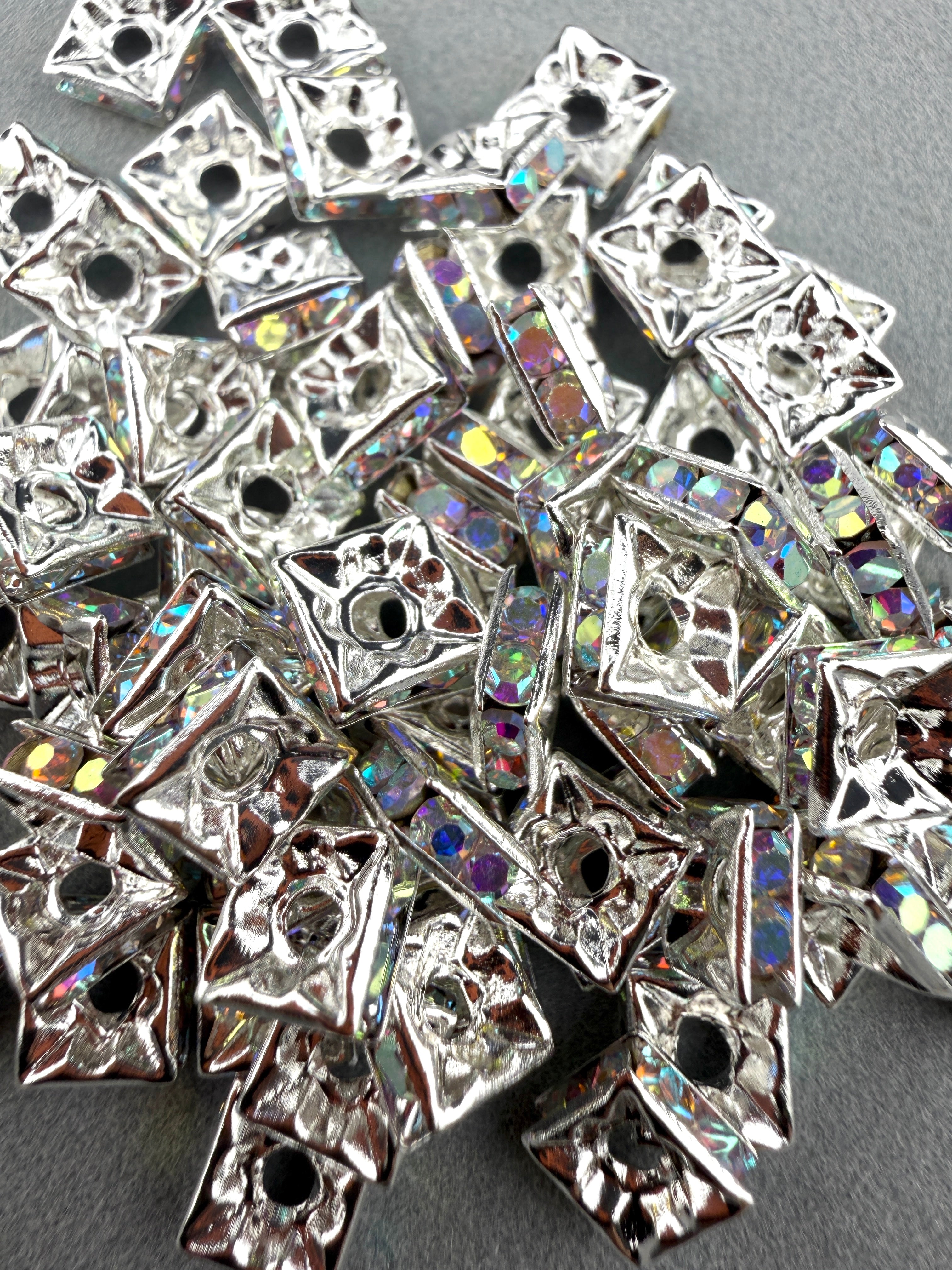 Brass Rhinestone Rondelle Square Spacers Silver With AB Crystal