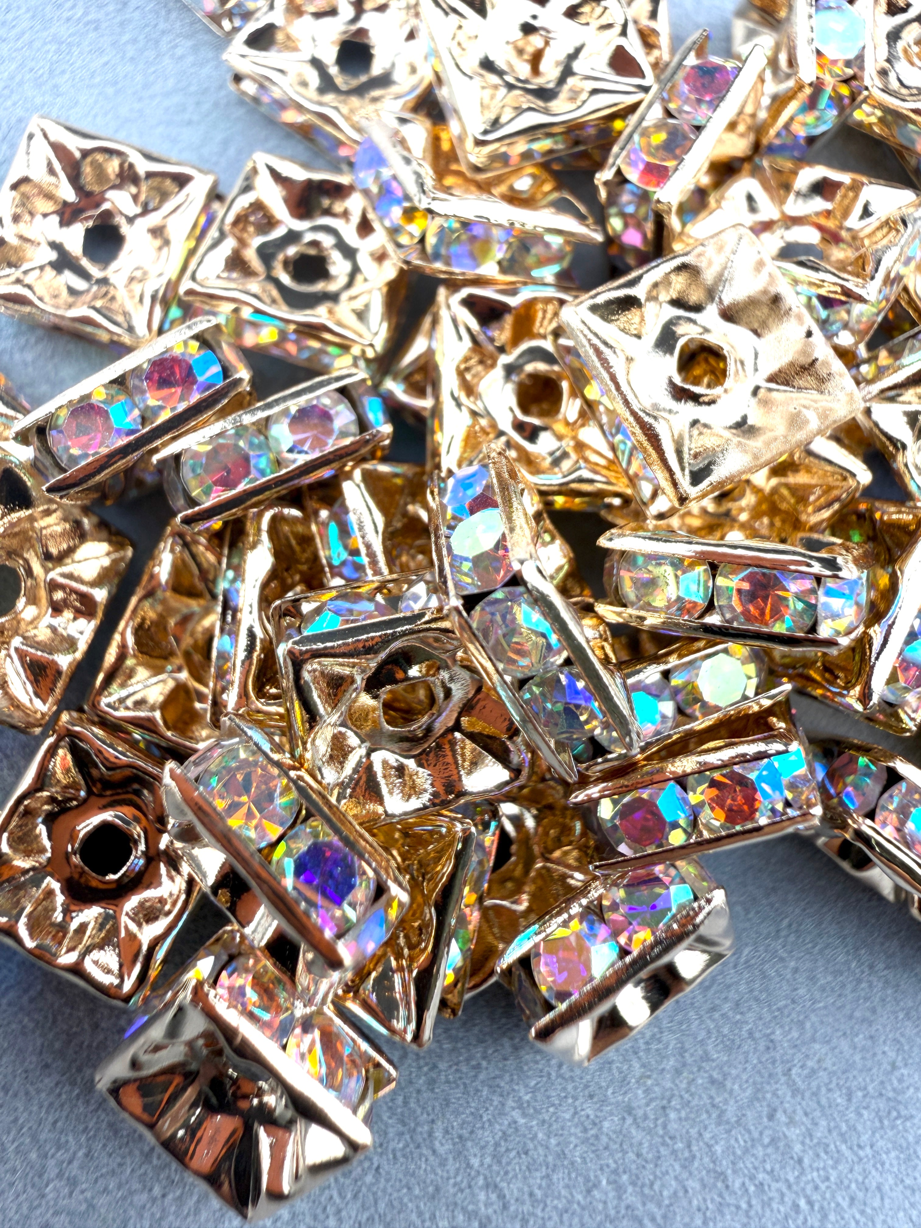 Brass Rhinestone Rondelle Square Spacers Light Gold With AB Crystal