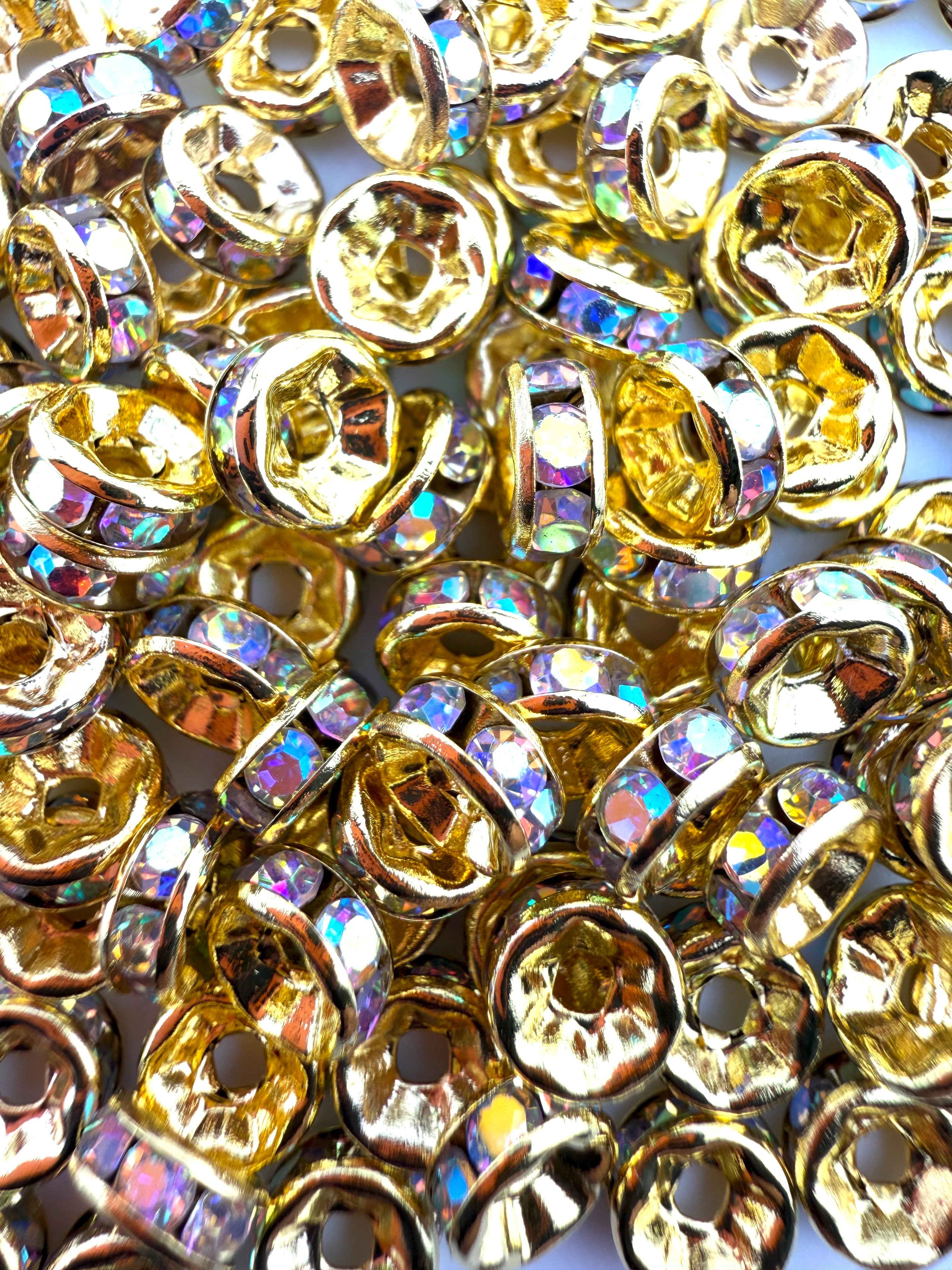 Brass Rhinestone Rondelle Spacers Yellow Gold with AB Crystal