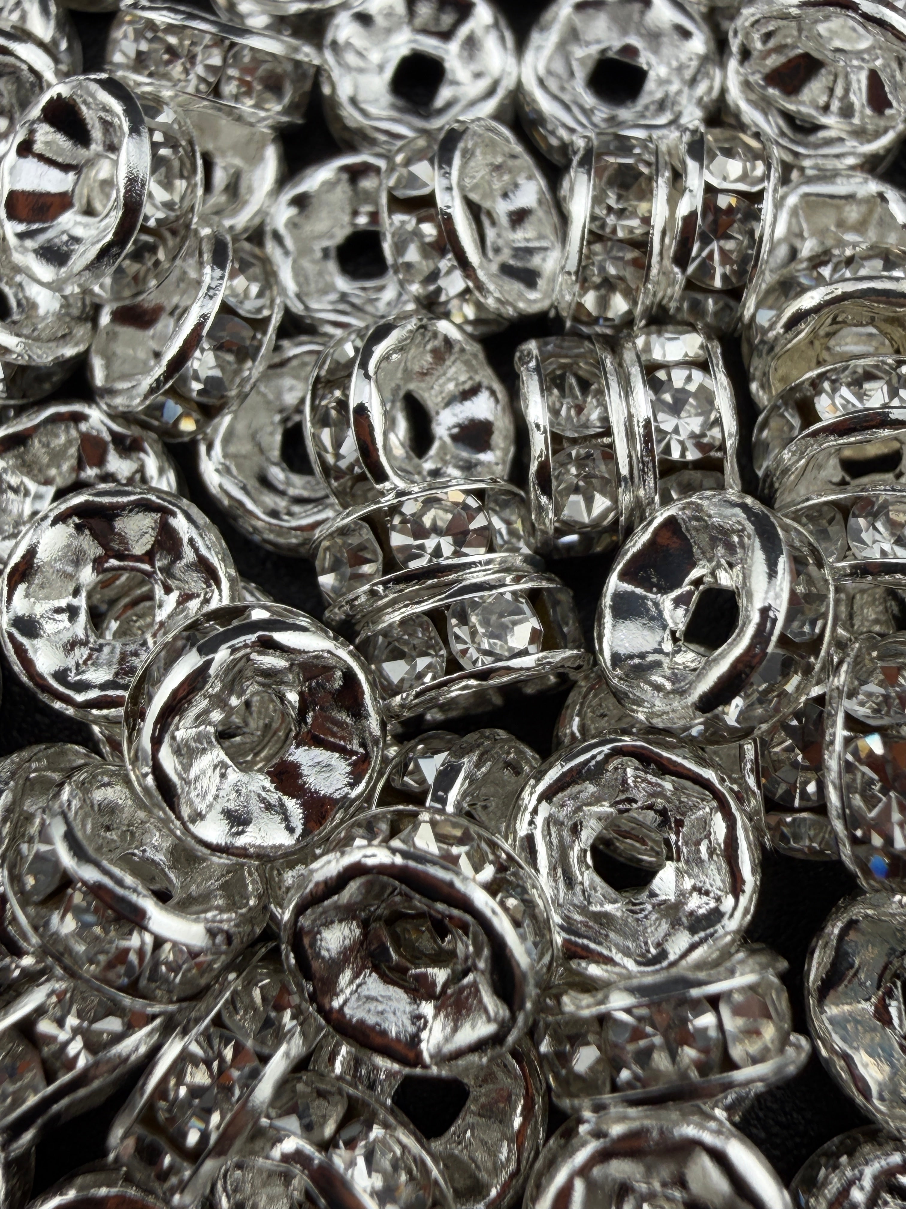 Brass Rhinestone Rondelle Spacers Silver with Clear Crystal