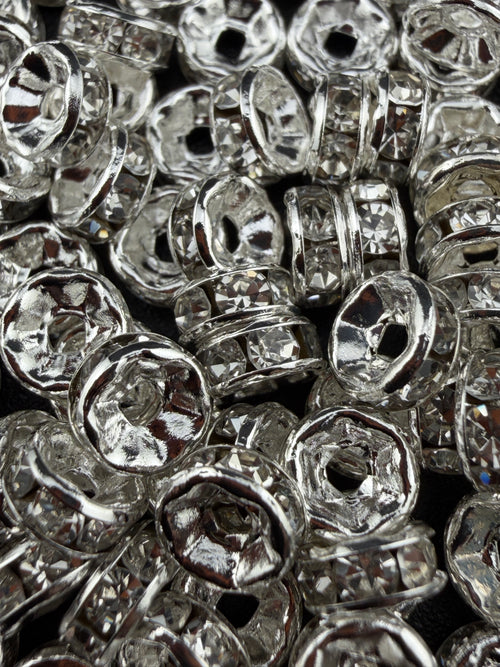Brass Rhinestone Rondelle Spacers Silver with Clear Crystal