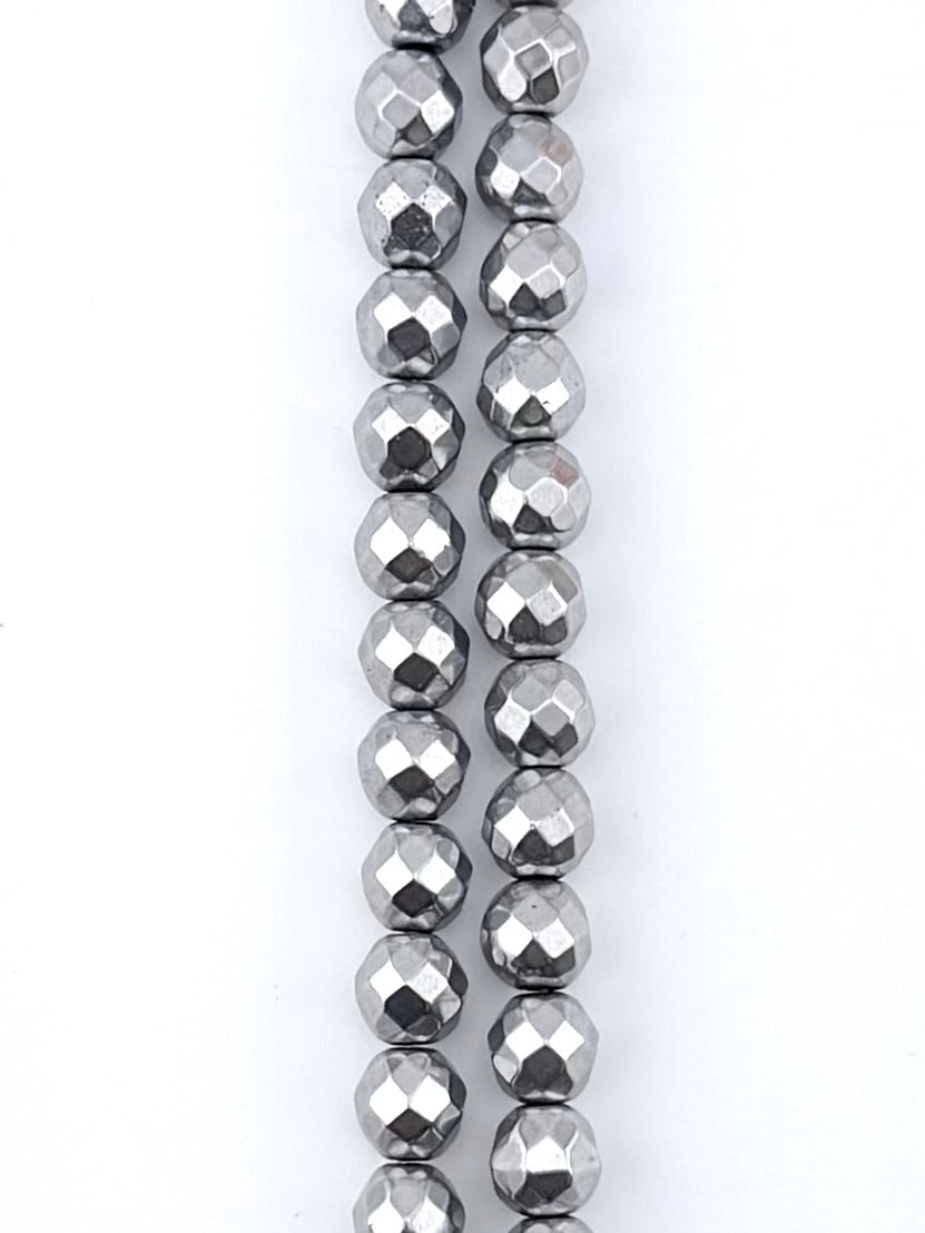 8mm Rhodium Faceted Round Hematite Beads