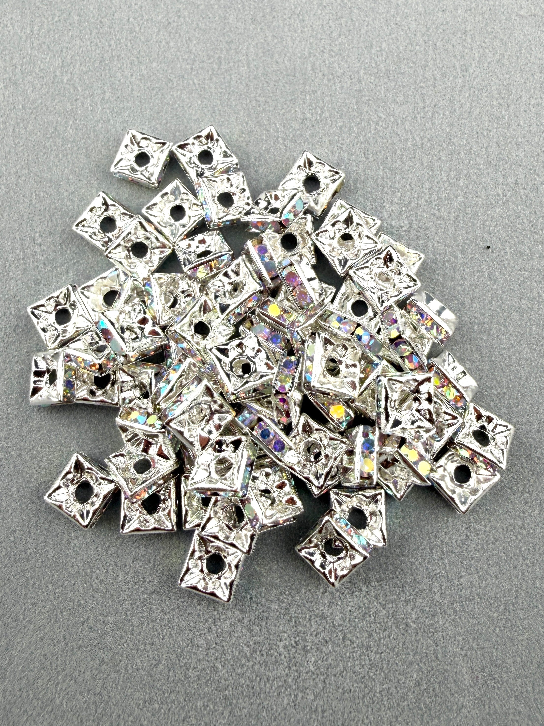 Brass Rhinestone Rondelle Square Spacers Silver With AB Crystal