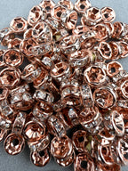 Brass Rhinestone Rondelle Spacers Rose Gold with Clear Crystal