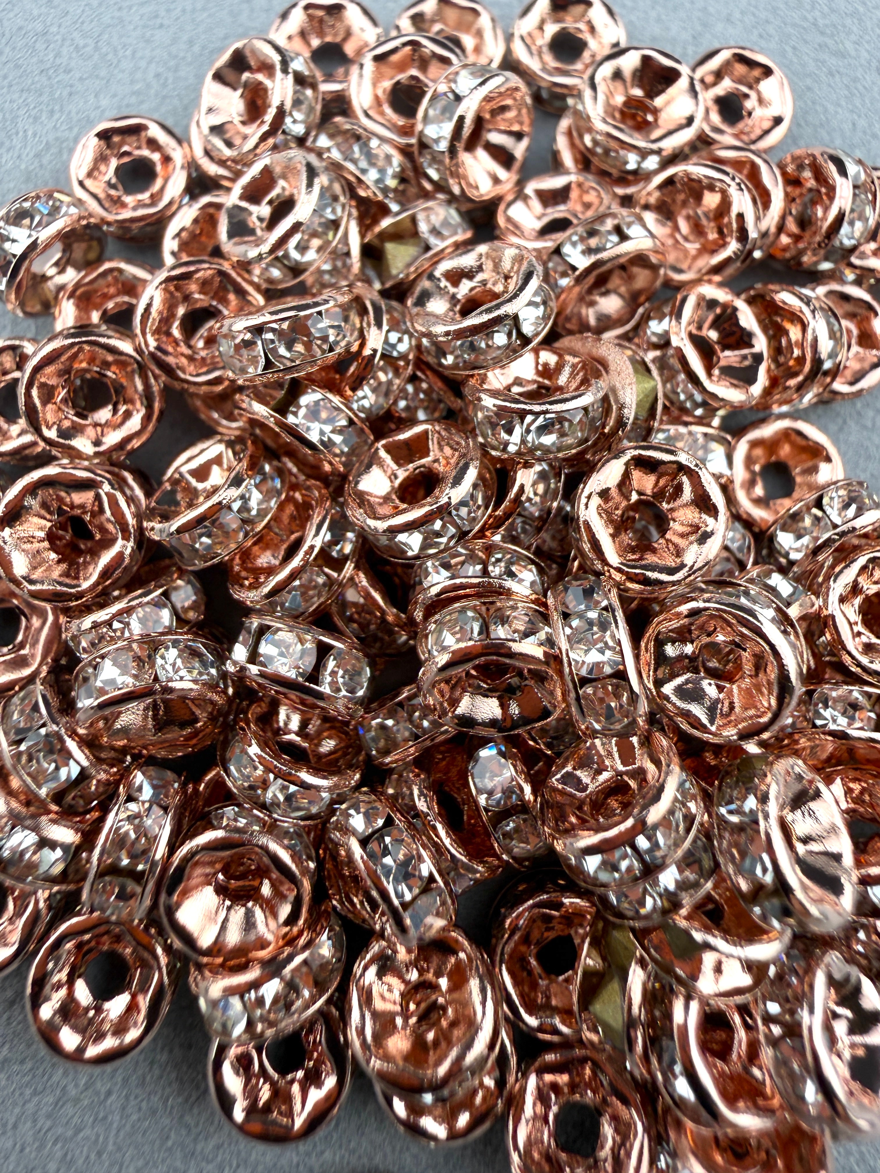 Brass Rhinestone Rondelle Spacers Rose Gold with Clear Crystal