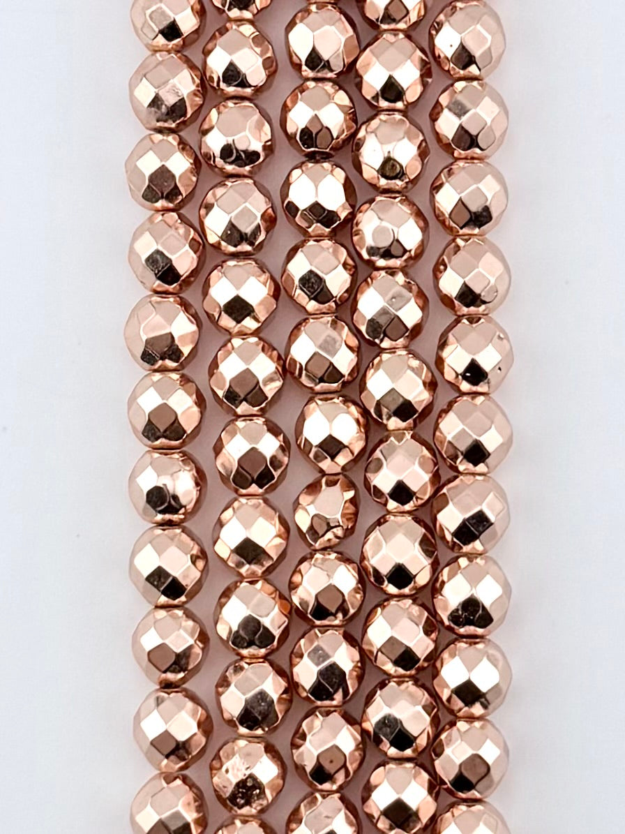 8mm Rose Gold Faceted Round Hematite Beads