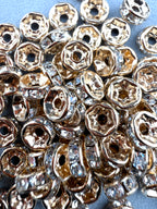 Brass Rhinestone Rondelle Spacers Light Gold with Clear Crystal