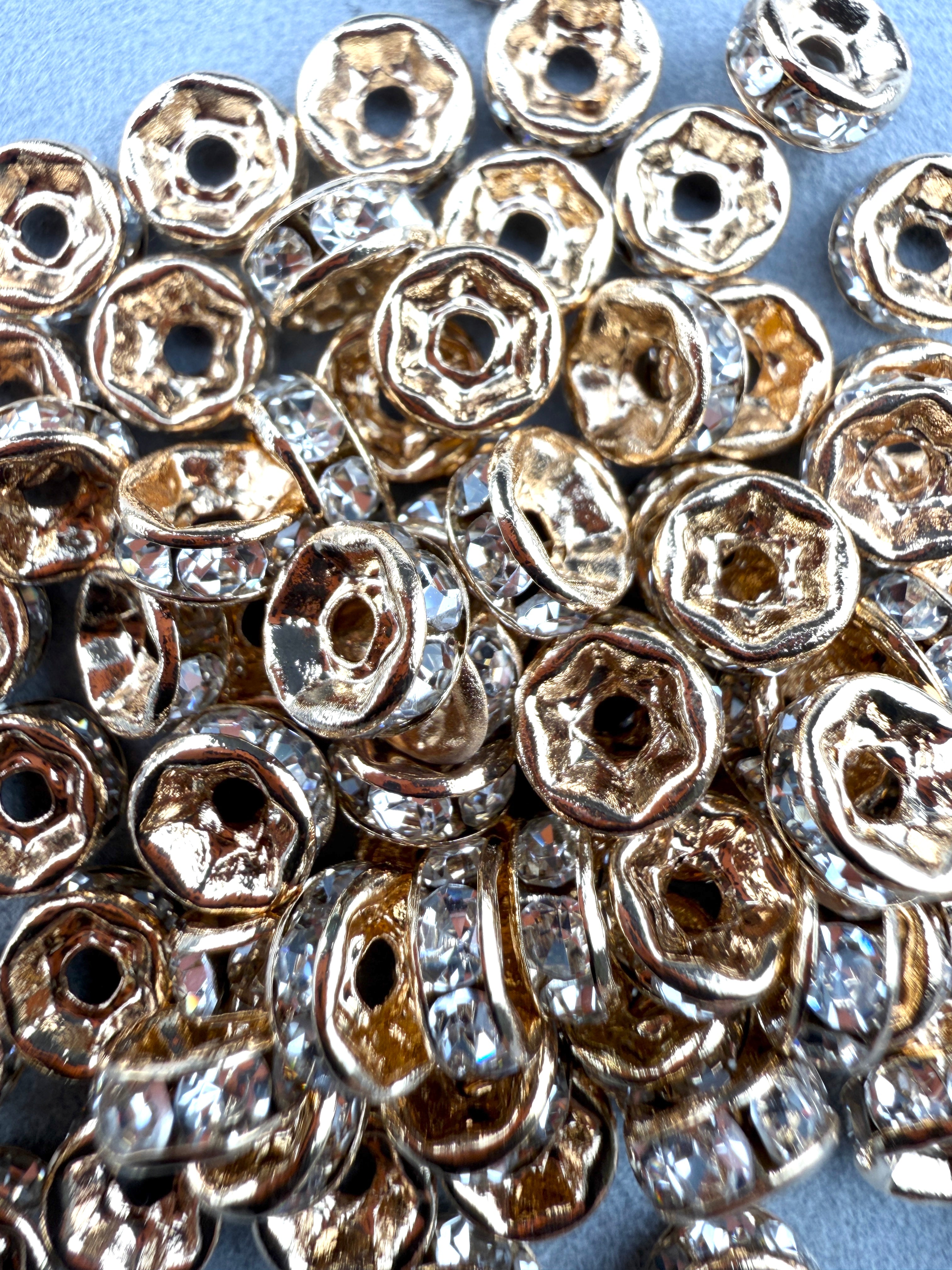 Brass Rhinestone Rondelle Spacers Light Gold with Clear Crystal