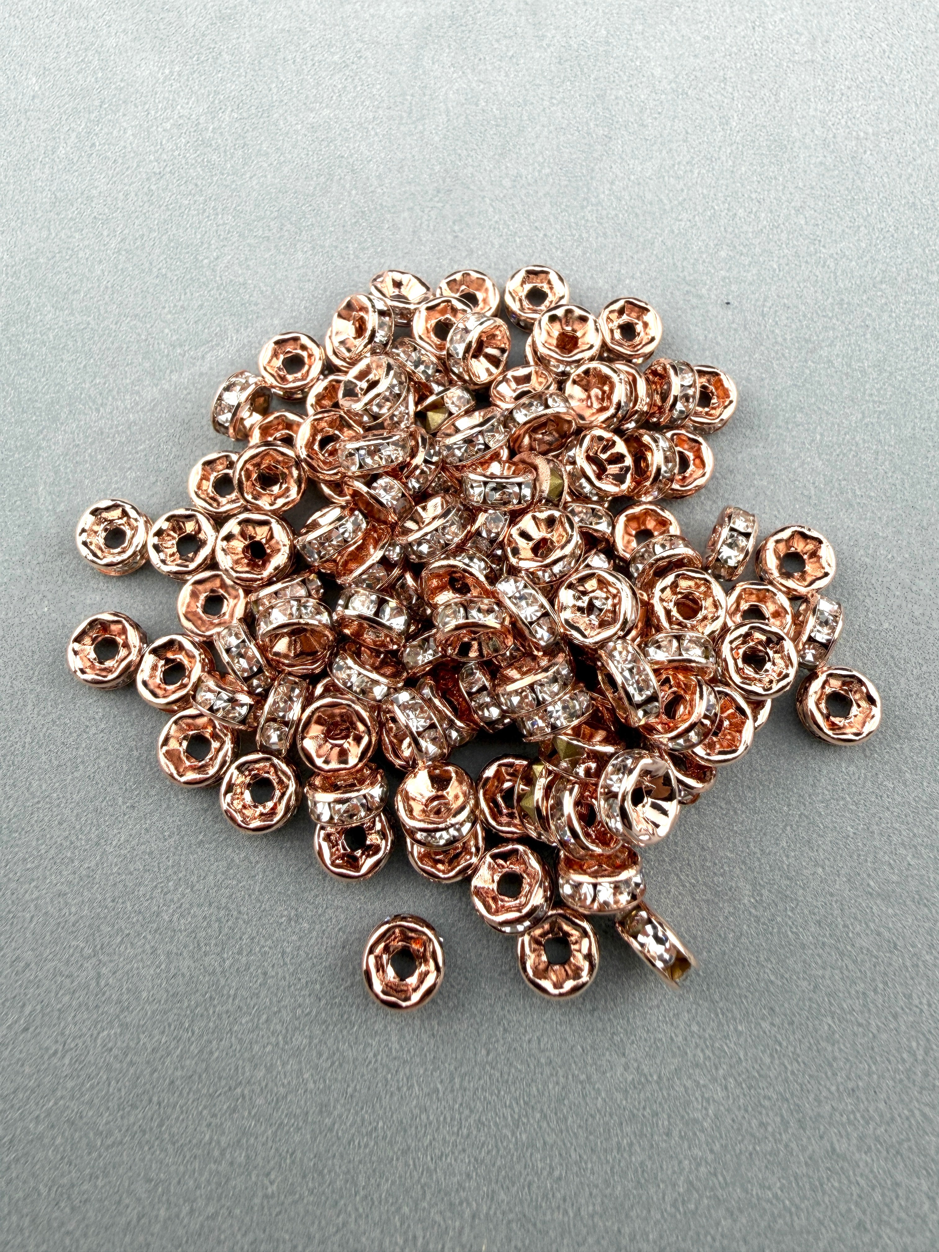 Brass Rhinestone Rondelle Spacers Rose Gold with Clear Crystal