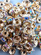 Brass Rhinestone Rondelle Spacers Light Gold with AB Crystal