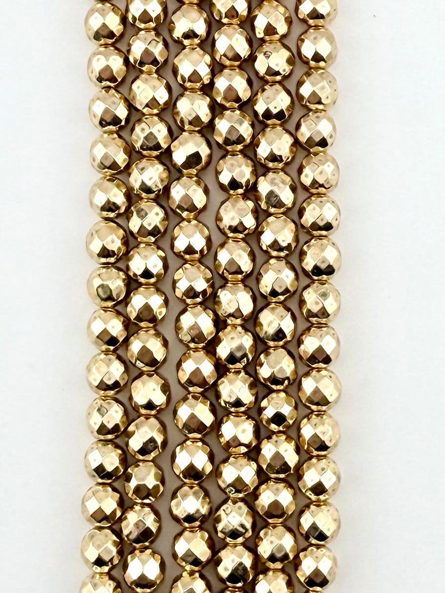 6mm Gold Faceted Round Hematite Beads